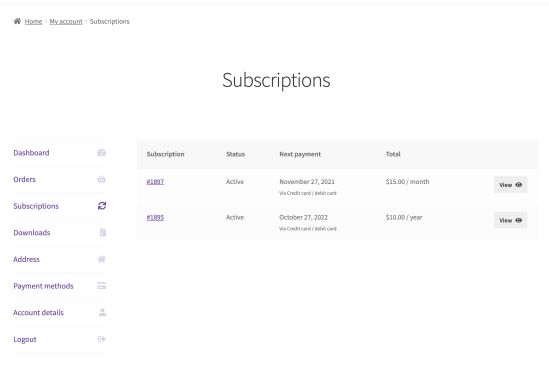 Customer’s My Account → Subscriptions Page